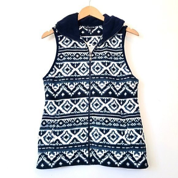 NEW NWT AMERICAN LIVING Blue Navy Cream Aztec Tribal Print Fleece Vest Small S - Picture 2 of 12